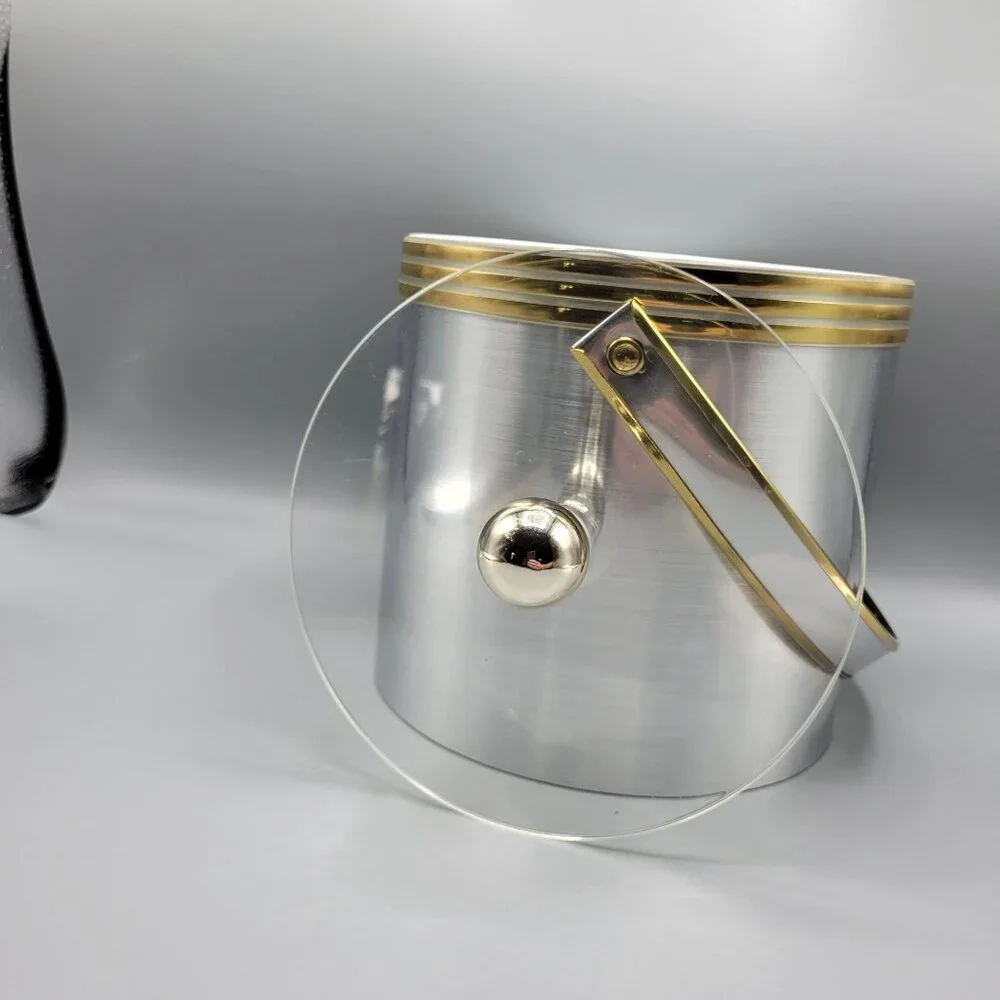 Vintage Mid Century Modern MCM Silver Gold Ice Bucket Clear Lid & Metal Handle